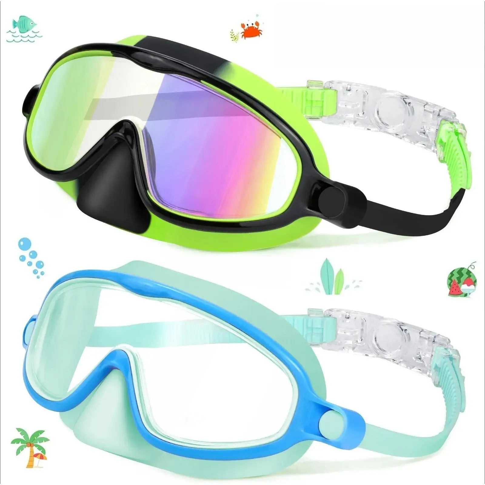 Kids' Swim Goggles 2-Pack, Wide View Mirrored Lenses with Nose Cover, Anti-Fog UV Shield and Anti-Shatter Protection for Pool Fun, Adjustable Swim Swimming Goggles