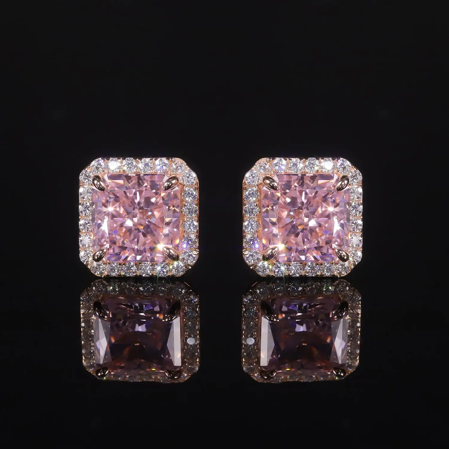 925 Sterling Silver Luxury Jewelry Women's Earrings Diamond-fire CZ- Diamond Pink  Halo Stud Earrings Gift For Her GB