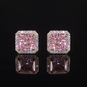 925 Sterling Silver Luxury Jewelry Women's Earrings Diamond-fire CZ- Diamond Pink  Halo Stud Earrings Gift For Her GB