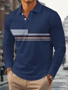 Men's Long Sleeve Polo Shirt Knit Casual 3D Print Golf Shirt Blue Striped Design Aesthetic Sporty Sports Style Fitted All Seasons Moderate Fabric