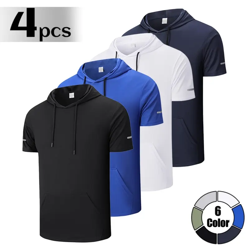 LIFE KEEPS MOVING Men’s Summer Hooded Shirts, Pack of 4 — suitable for workouts and everyday wear; classic athletic fit; breathable, comfortable short sleeves; includes adjustable drawstring.