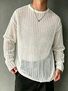 Men's Fashion Casual Patchwork Sweater, Round Neck Long Sleeve Knitwear, Breathable Mesh Material, Essential for Boyfriends, Spring & Fall