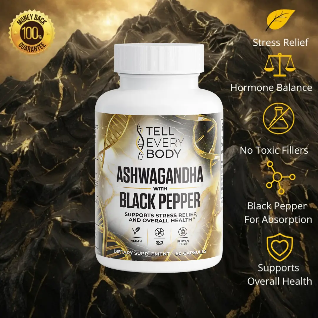 Tell Every Body Organic Ashwagandha with Black Pepper - Organic Stress Relief & Hormone Support, 60 Vegan Capsules