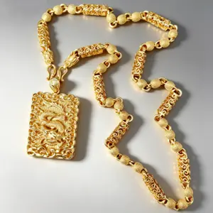 A set. Vietnamese sand gold plated pendant necklace with a dragon-shaped pendant. Suitable for men to wear. Perfect for special occasions as a beautiful accessory gift for fathers, husbands, and couples. Gold Statement Chain