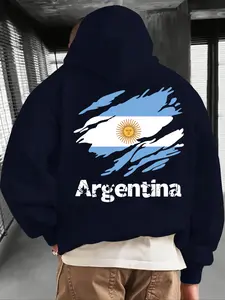 Men's Argentina Print Zip Hoodie, Fall & Winter Casual Regular Fit Long Sleeve Sweatshirt, Fashion Daily Wear Clothing