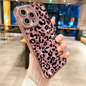 Pink leopard print luxury rhinestone decor phone case for iPhone 17 17air 17pro 17promax 16 15 14 13 12 plus pro Max shockproof camera protector cover, can be given as a gift to friends or family