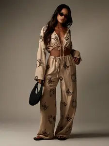 MISSGUIDED Embroidered Sun Pattern Linen Feel Two-Piece Outfit