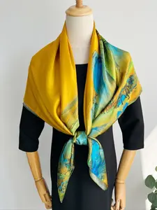 1pc Women's 42.52" Square Scarf Shawl, 100% Mulberry Silk, Hand-rolled Edges, Yellow Landscape Pattern, Classic Vintage Elegant, All-Season, Gift-Wrapped, Perfect Gift for Valentine’s Day, Christmas & Mother’s Day