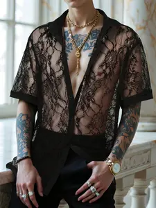Shirts men - Men Short Sleeve Button-Up Textured Lace Shirt – For Summer Outings & Casual Days tiktok shop deals dad gifts vacation outfits men clothing outfits men fall outfits button shirt y2k clothing fall outfit going out outfit Menswear Top Gamis