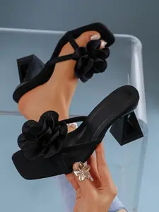 Elegant Women's Floral Open Toe Sandals, High-Heeled Square Toe Shoes, Fashionable Casual Party Heels, Comfortable Daily Wear Footwear