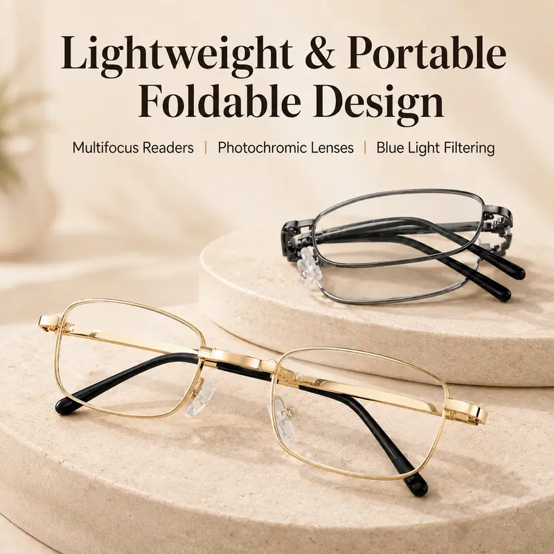 Portable Multifocus Reading Glasses, Photochromic Multifocus Readers with Metal Frame for Reading, Laptop & Phone, Foldable Blue Light Filtering Reading Glasses for Near, Mid & Far Daily Use