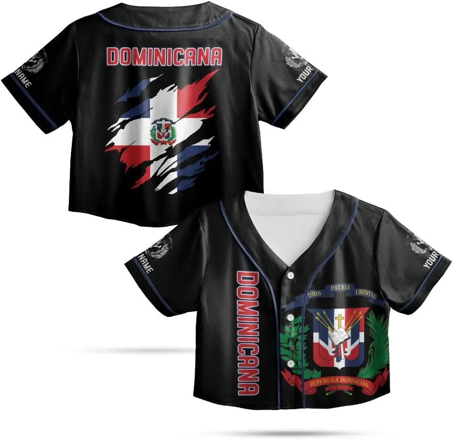 Personalized Dominicana Flag Crop Top Baseball Jersey XS-XL Multicolor – Custom Name Number Cropped Shirts, All Over Print Cropped Jersey for Dominicana Lover, Gift Idea for Women, for Her