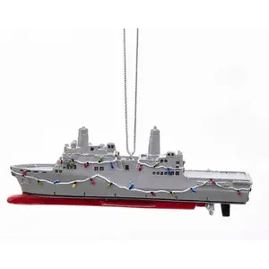 Kurt Adler Resin Ornament for Christmas Tree, Navy Ship with Christmas Lights, 4.5"