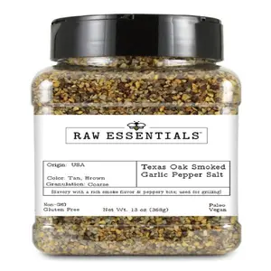 Raw Essentials Texas Pit Oak Smoked Garlic Pepper Salt - Steak and Chop Seasoning - Great on Beef, Chicken, Pork and Vegetables - Vegan, Paleo, Non-GMO, Gluten Free -13 Ounce Bottle