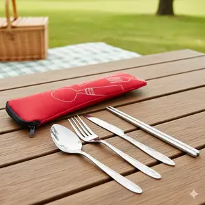 Stainless Steel Portable Picnic Cutlery Set 4-Piece Durable Anti-Rust Office Tableware Camping Dining Utensils Kit with Printed Storage Bag for Home Outdoor Travel Hiking