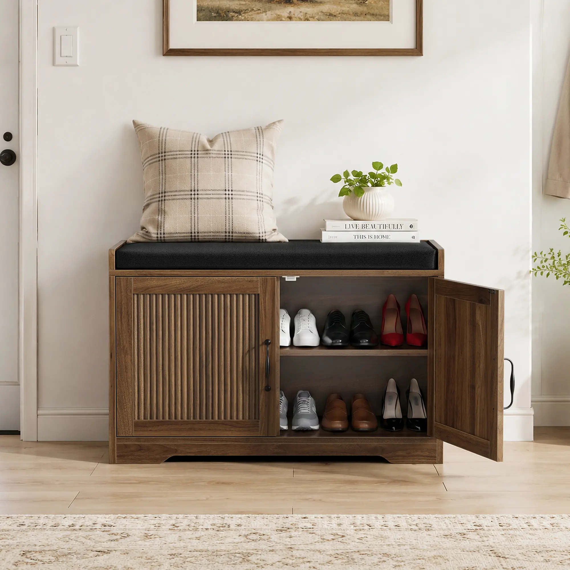31.5in Walnut Vintage Farmhouse Rectangular Entryway Storage Bench - MDF Board Furniture with Double Doors, Vertical Slat Design, Plush Upholstered Seat, Adjustable Shelf, Simple Setup, Ideal for Hallways (Suitable for Children)