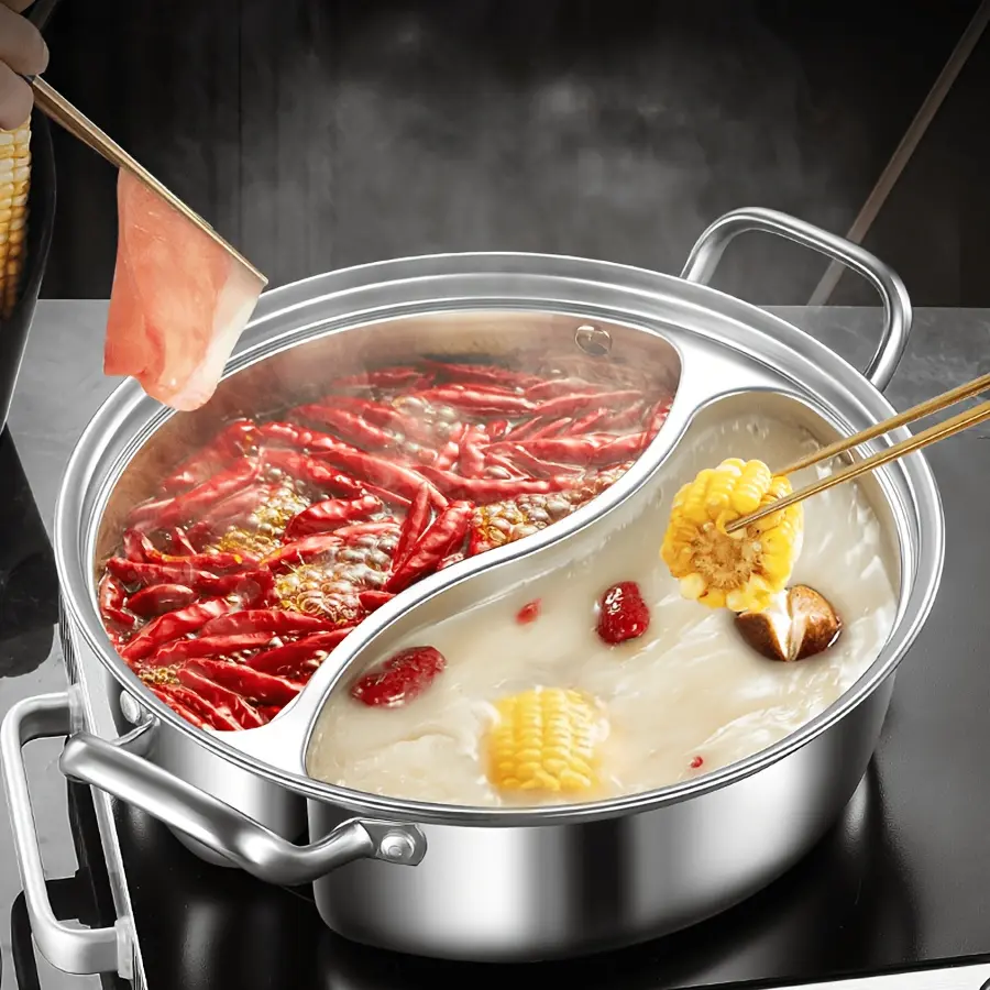 Stainless steel 12.6-inch double-grid thickened design household hot pot, cooking pot, suitable for induction cookers, Chinese flavored hot pot Kitchenware