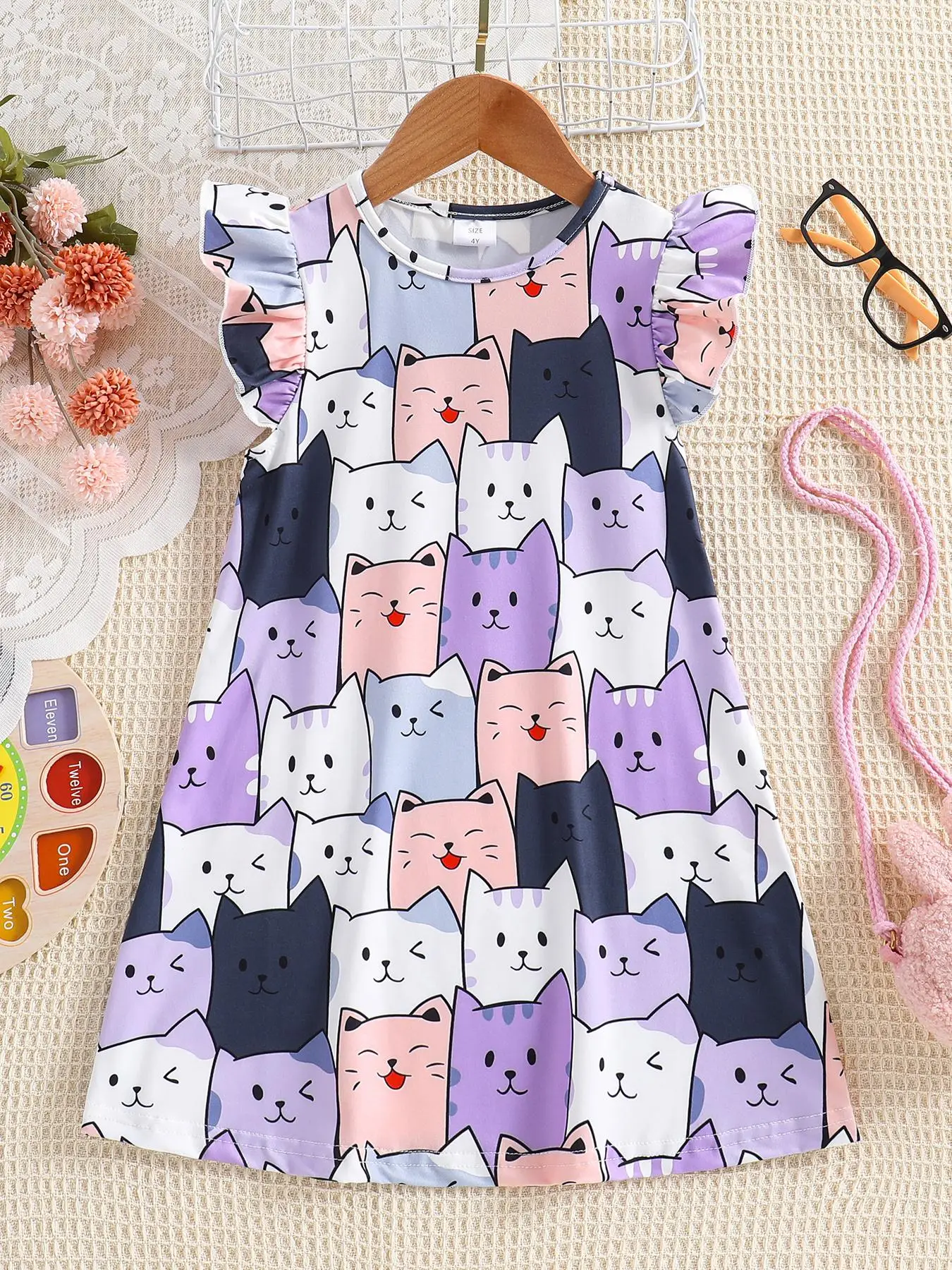 Girl's Cartoon Cat Print Dress, Cute Casual Dress for Summer, Kids Clothes for Daily Wear