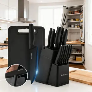 15-piece professional chef's knife set with a stylish black wooden block stand, slip-resistant ABS handles, and durable carbon steel - includes multi-functional knives, cutting boards, and kitchen scissors, perfect for home and restaurant use