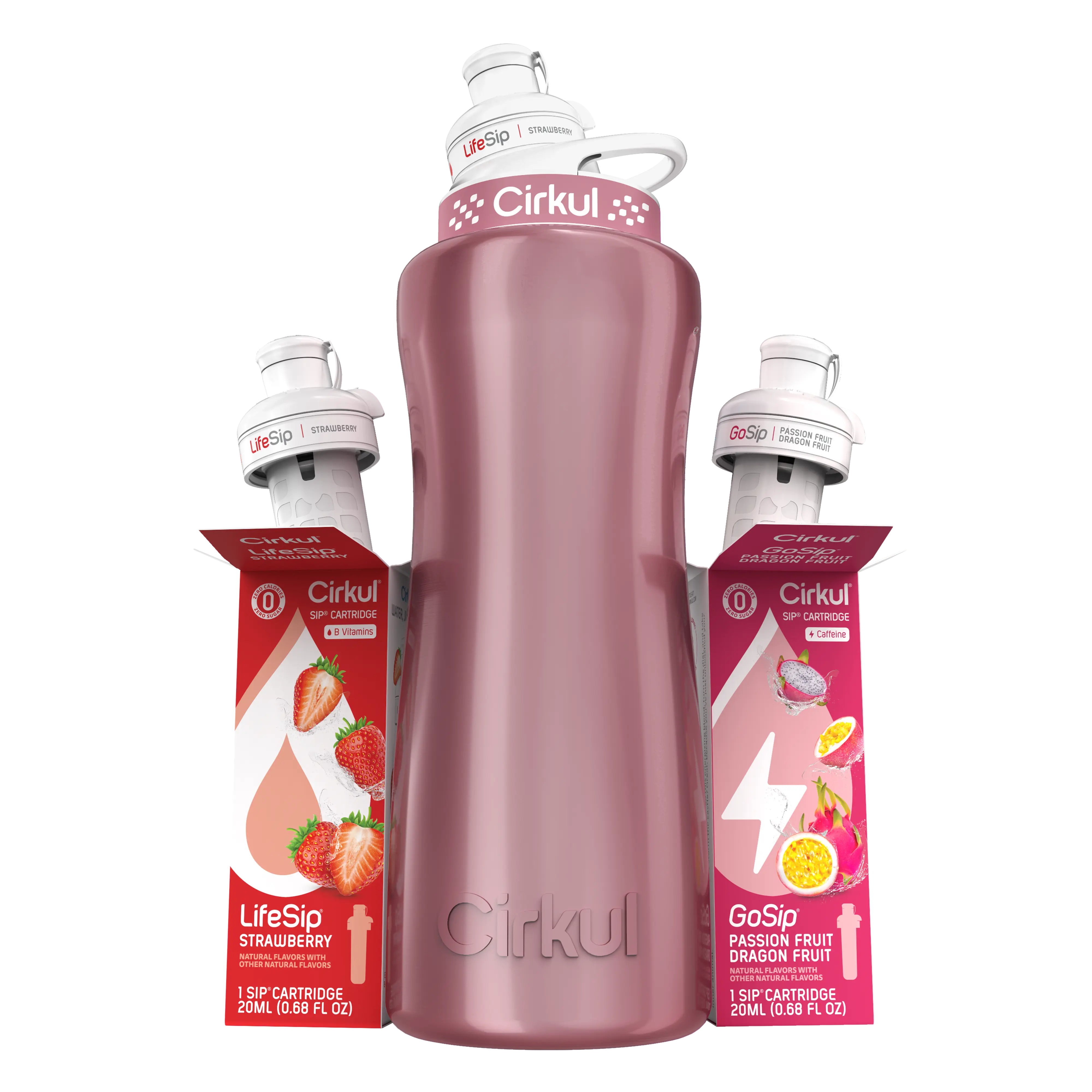 Cirkul 32oz. Rose Gold Metallic Stainless Steel Water Bottle Starter Kit with Blue Lid, 2 Flavor Cartridges (1 LifeSip Strawberry and 1 GoSip Passion Fruit Dragon Fruit), Zero Calories and No Sugar