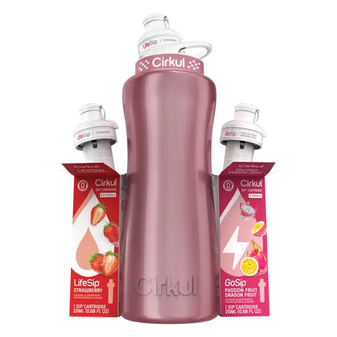 Cirkul 32oz. Rose Gold Metallic Stainless Steel Water Bottle Starter Kit with Pink Lid, 2 Flavor Cartridges (1 LifeSip Strawberry and 1 GoSip Passion Fruit Dragon Fruit), Zero Calories and No Sugar
