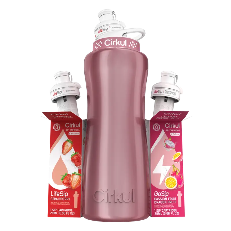 Cirkul 32oz. Rose Gold Metallic Stainless Steel Water Bottle Starter Kit with Pink Lid, 2 Flavor Cartridges (1 LifeSip Strawberry and 1 GoSip Passion Fruit Dragon Fruit), Zero Calories and No Sugar