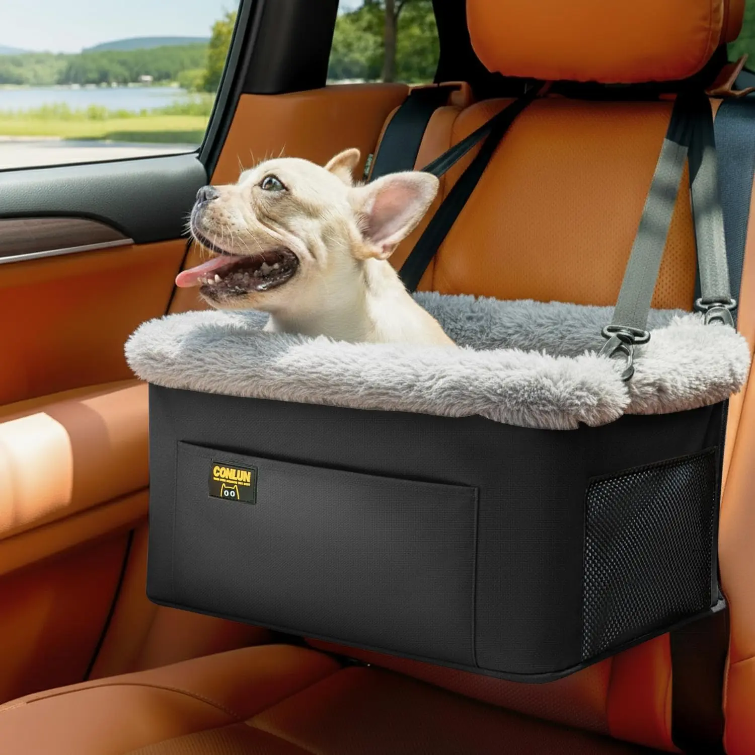 Conlun Dog Car Seat Booster for Small Pet Under 20lbs, Portable Travel Puppy Car Seat with Internal Steel Frame, Comfort Cushion & Storage Pockets, Adjustable Straps Fit Most Cars