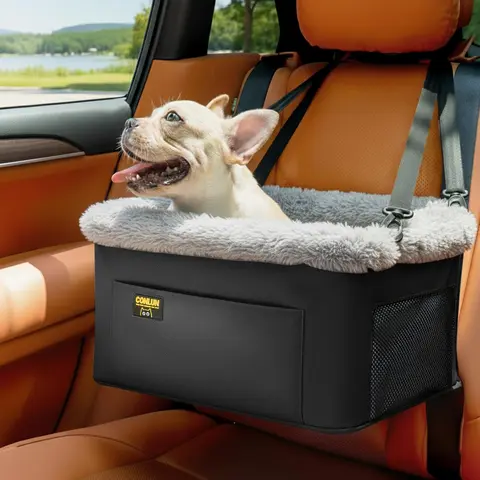 Conlun Solid Oxford Fabric Dog Car Booster Seat - Solid Core, Internal Steel Frame, Airflow Mesh Sides, Comfort Cushion, Storage Pockets, Adjustable Belt, Anti-slip Straps, Belt+Leash Secure, Cabin-high Views for Small Pets Under 20lbs Fit Most Cars