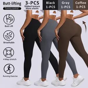 Women's 3pcs High Waist Ribbed Seamless Leggings - Super Elastic High Quality Tummy Control Butt-lifting Active Wear, Quick Dry Breathable Workout Outfit Inspo for Yoga, Gym Fitness