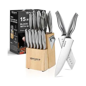 ROCOCO Kitchen Block Knife Set - 15 PCS Stainless Steel Knife Set with Block and Sharpener Dishwasher Safe Father Mother Birthday Christmas Gift