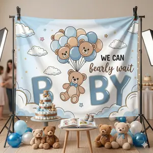 2D Flat, 1pc Adorable Bear & Balloon Shower "We Can Barely Wait" Shower Banner - Cute Bear Cub with Balloons Wall Decor, Party Background, Clear HD Print Polyester Decoration for Showers,, 2D Flat