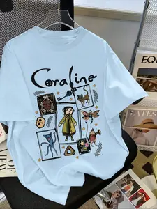 Coraline Cartoon Print Round Neck Short Sleeve T-Shirt, Soft Breathable Fabric, Casual Classic Loose Fit Summer Top for Women & Men