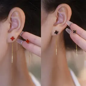 S925 Silver Needle Clover Earrings, Light Luxury, Exquisite and Compact, Women's Earrings DDES0491, Fashionable and Versatile, Long Chain Tassel Earrings, 14K Gold-Plated