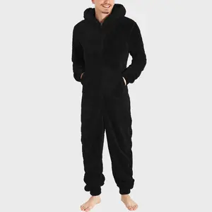 Men Jumpsuit Long Sleeve Pajama Solid Zipper Hooded Jumpsuit Casual Winter Warm Sleepwear Comfortable Male Home Clothing 2024