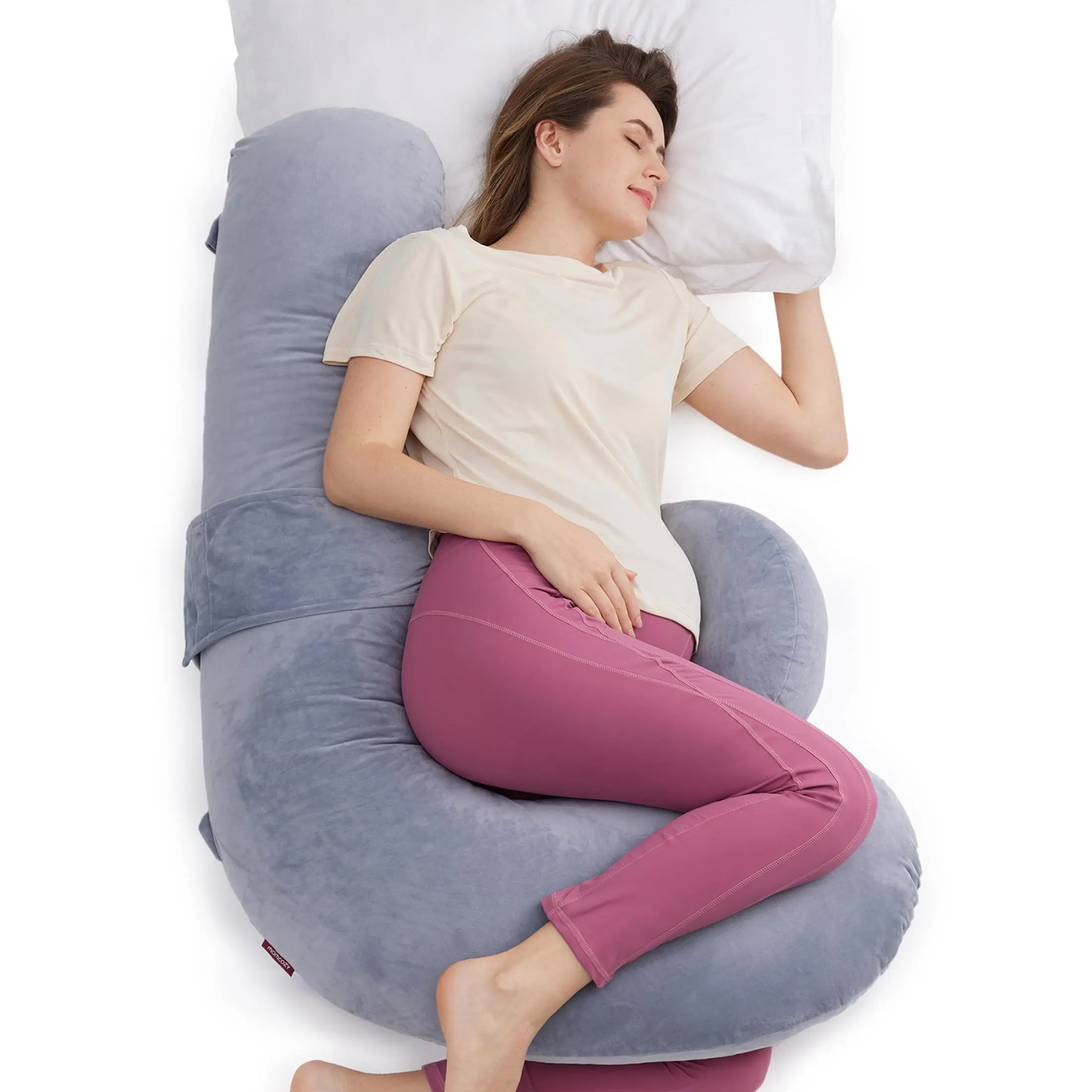 Momcozy Original F Shaped Pregnancy Pillows for Sleeping with Adjustable Wedge Pillow, Full Body Support for Pregnant Women with Velvet Cover / Air La