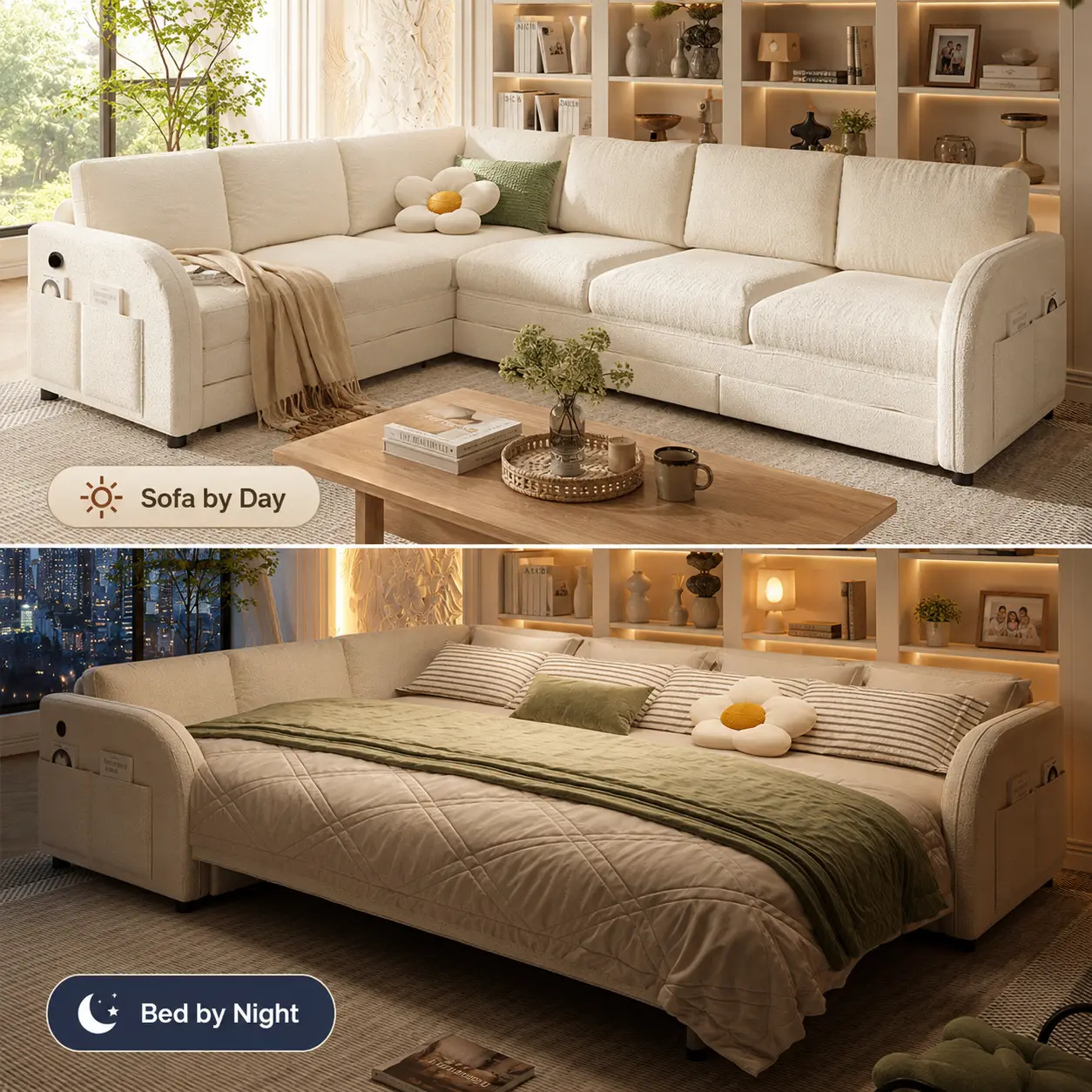 Sherpa Fleece L Shaped Sofa Couch 115.2 Inch Convertible Sleeper with Pull Out Bed Oversize Beige White Upholstered Side Pocket USB Port Reversible Left Right Facing Chaise