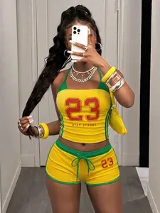 Women's Brazilian Color Set, Digital Print, Halter Neck Top and Drawstring Shorts, Youth Student College Style, Casual Fashion, Womenswear