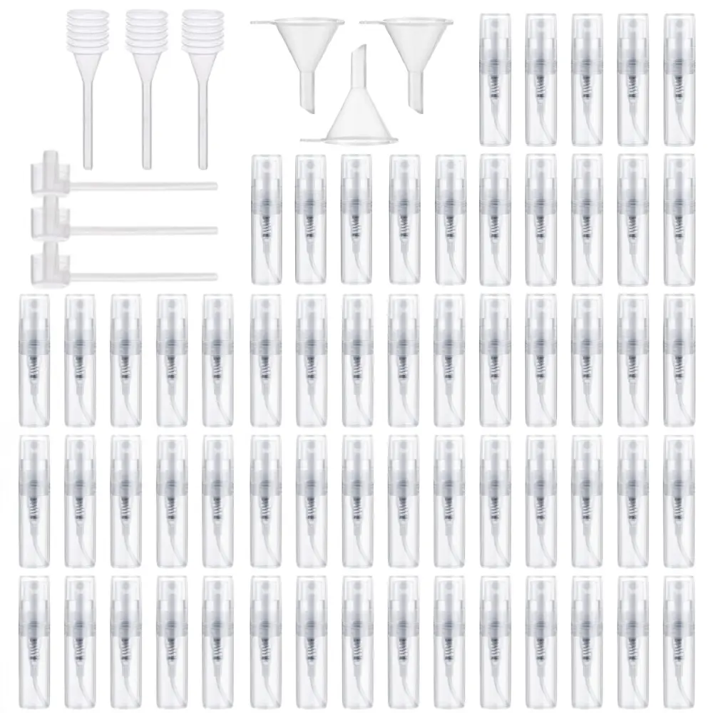69-Piece Mini Spray Bottle Kit with Dispensing Tools, 2ml Portable Plastic Atomizers, Refillable Travel Containers for Cosmetic Perfume & Makeup