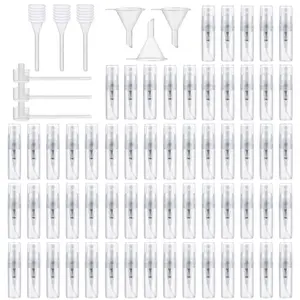 69-Piece Mini Spray Bottle Kit - 60x 2ml Refillable Atomizers, 9x Dropper Funnel Straw Dispensers, Portable Travel Cosmetic Containers for Perfume, Skin Care Liquids