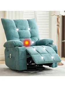 Blue-57 cm Swivel Rocker Recliner Chair With Heat And Massage,360 Degree Swivel Rocking Single Sofa With Cup Holders, Oversized Single Sofa Seat, Lazy Boy Recliner Chairs For Living Room Lumbar Heating