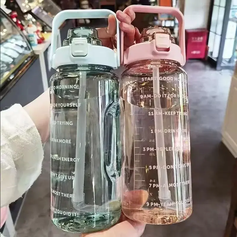 2 Liters Straw Plastic Water Bottle Large Portable Travel Bottle Sports Fitness Cup High Value Big Fat Cup Adult Universal