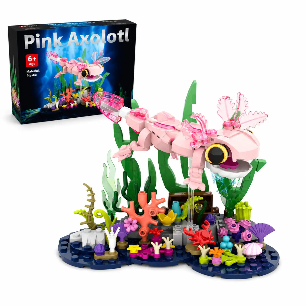 Pink Axolotl Building Blocks Set for Kids,Aquatic Animal Toy, Cute Underwater Salamander Model with Coral Reef Scene, DIY STEM Construction Toy, Aquarium Display Collectible Gift for Kids and Adults,magnetic building cube,adorable animal Diy Kit Bricks