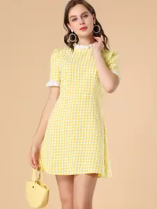 INSPIRE CHIC Women's Summer Ruffle Neck Lace Panel Short Sleeve Check Gingham Dress