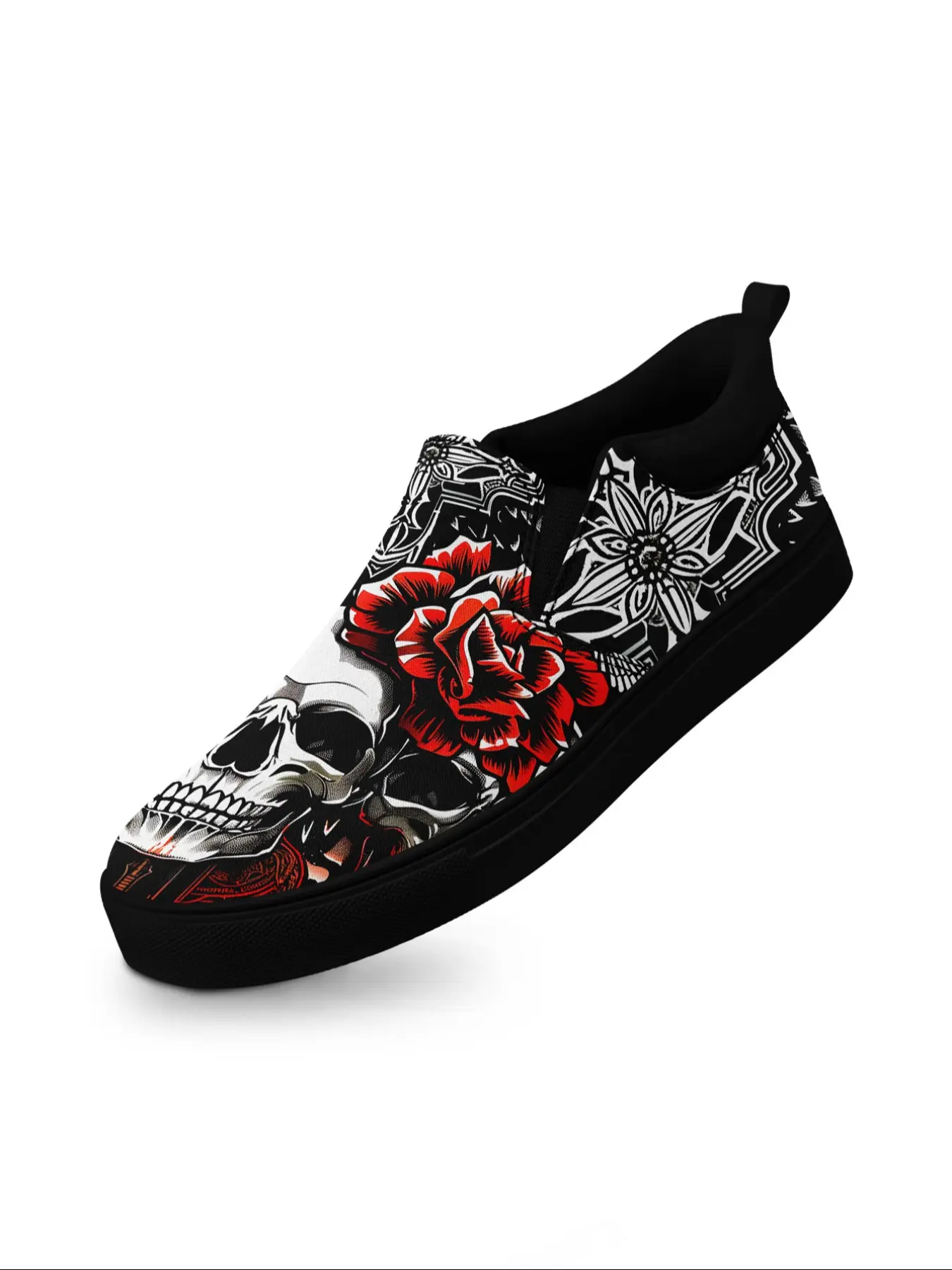 Women's Gothic Slip-On Casual Sneakers, Skull & Rose Print Design, Lightweight Breathable Walking Shoes, All-Season Fashion Trainers, Casual Wear Shoes