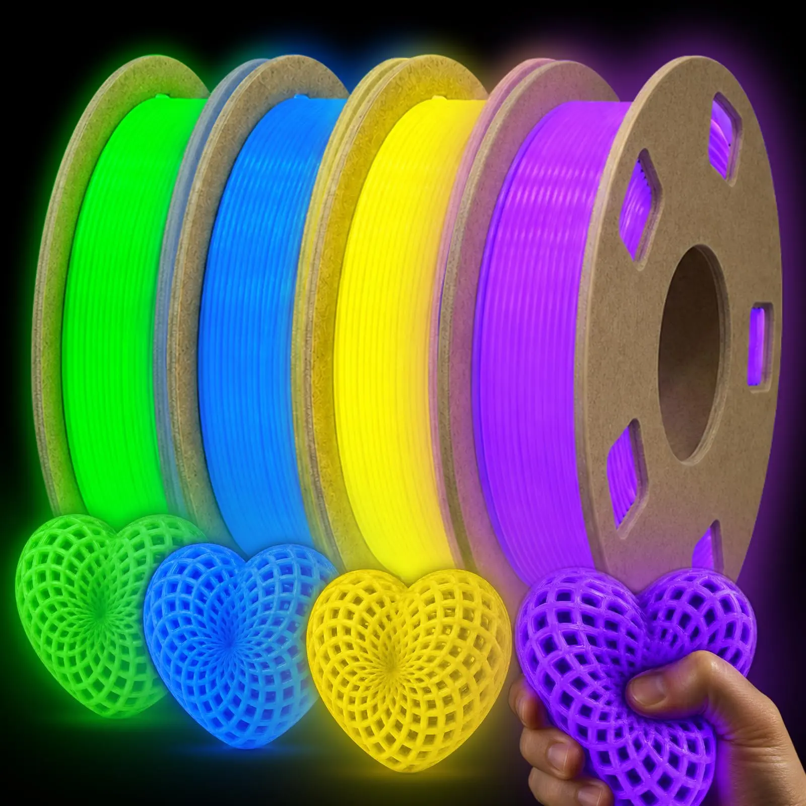 Glow in the Dark TPU 95A 3D Printer Filament Bundle - 1.75mm Soft Flexible TPU 3D Filament, Accuracy +/- 0.03mm, Luminous Filament for Halloween, Fit Most 3D Printers - 4 Spools 250g Each
