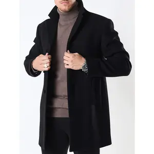 Elegant Men's Black Trench Coat - Slim Fit with Notched Collar, Single-Breasted, Long Business Overcoat for Winter Warmth, Machine Washable, Polyester