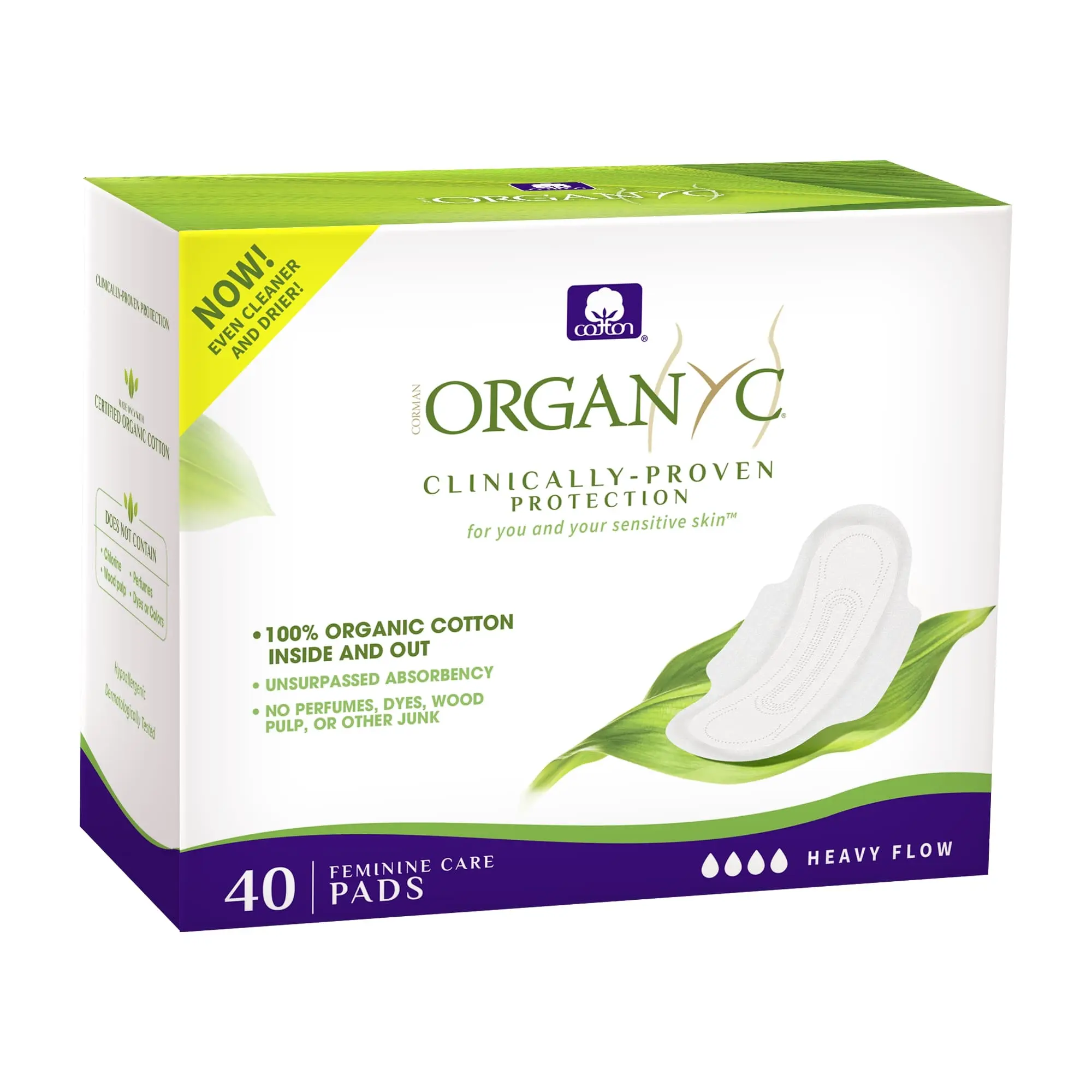 Organyc 100% Certified Organic Cotton Inside and Out Feminine Pads, Sanitary Napkin 40 Count, Heavy Flow, New Larger Size Packaging