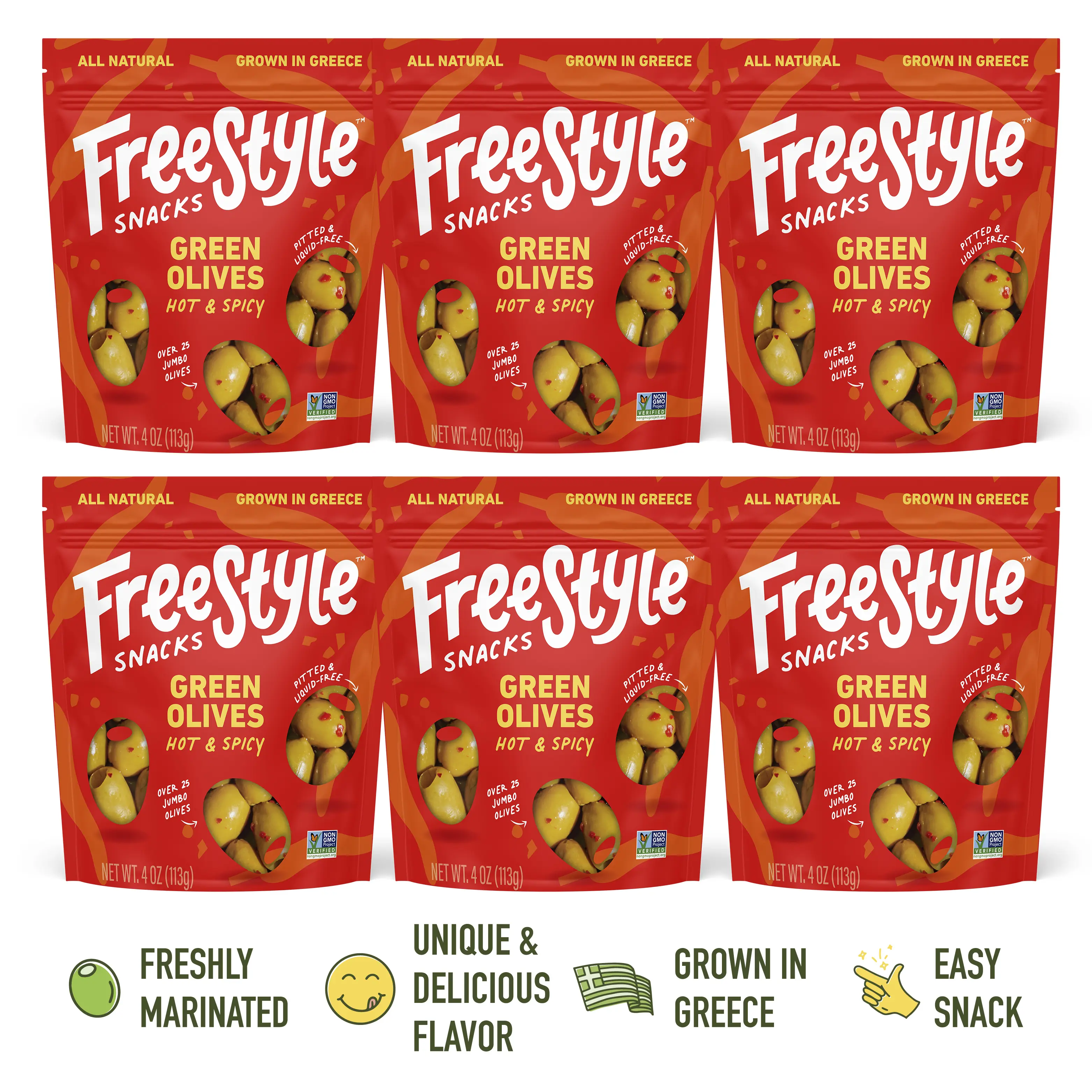 Freestyle Snacks - Pitted Olive Snacks - 6 bags - Hot & Spicy - Kickin' flavor - All Natural - Made in Greece - Easy Snack Food Instant