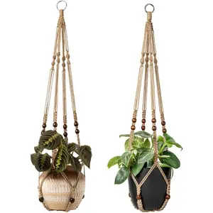 Macrame  Hangers Indoor 36''  Planter Basket Flower Pot Holder with Beads No Tassels.Brown 2 Packs 4 count Hooks