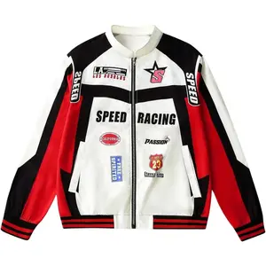 GORGLITTER Men's Varsity Bomber Jacket Y2K Graphic Zip Up Racer Jackets Color Block Motorcycle Biker Coats Streetwear